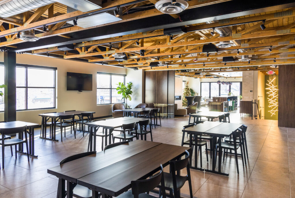 Event space, featuring classroom tables all set up