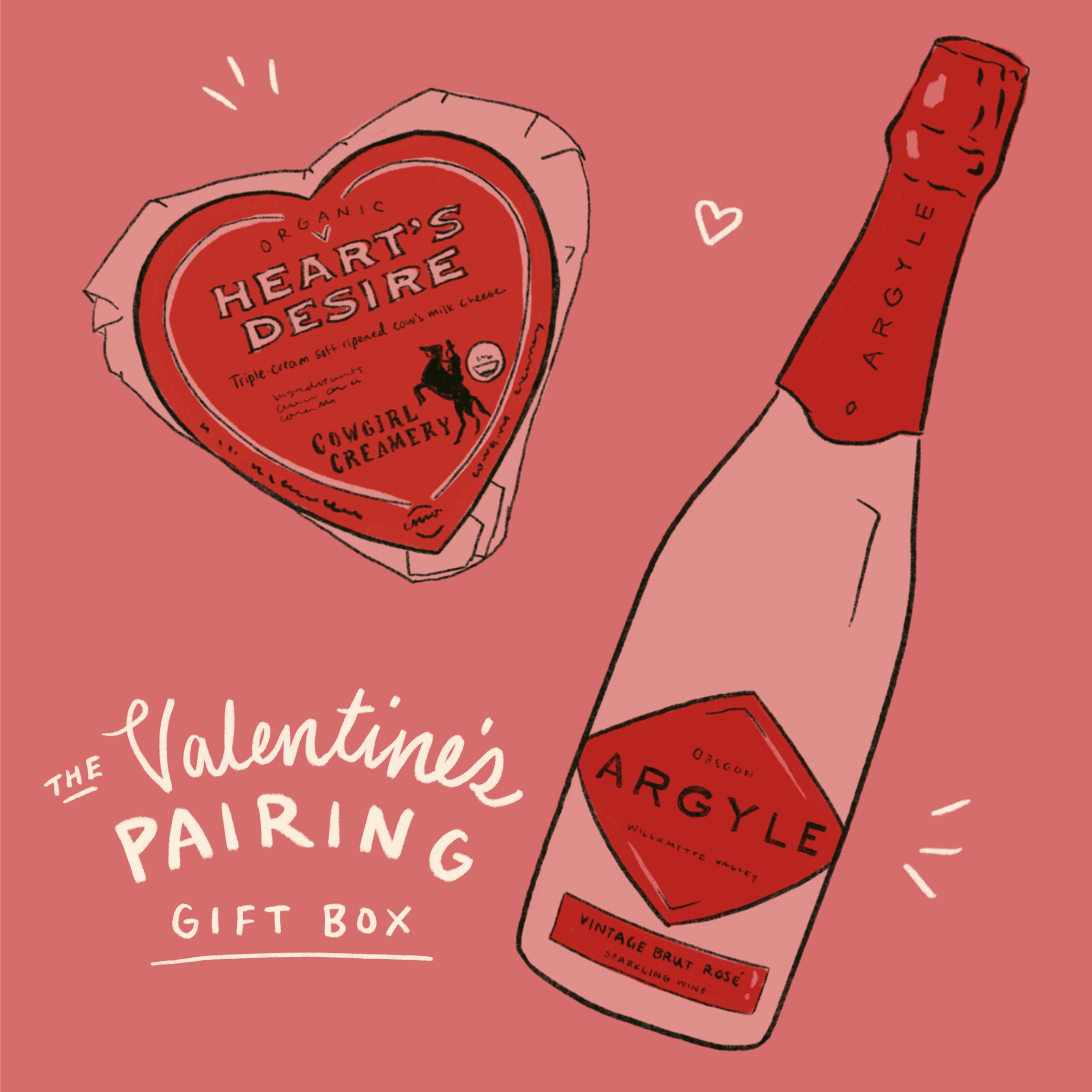 Graphic with a heart shaped cheese and bottle of sparkling wine that says "The Valentine's Pairing Gift Box"