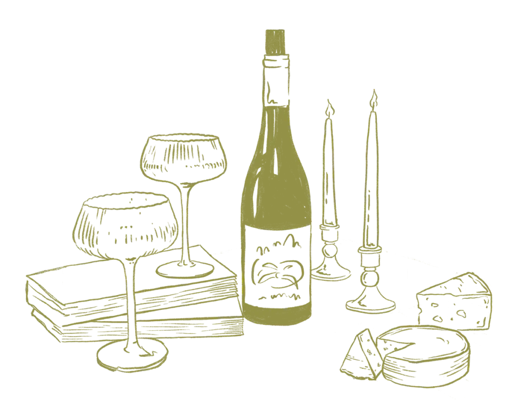 An illustration of wine glasses and chesse