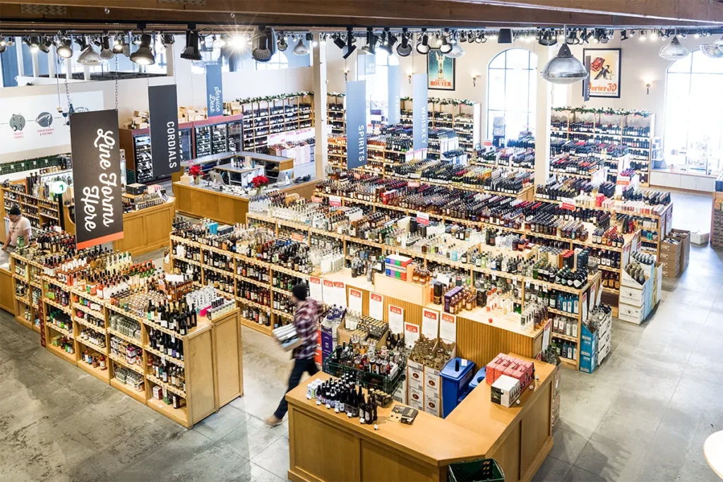 large wind shop stocked with shelves full of wine and spirits
