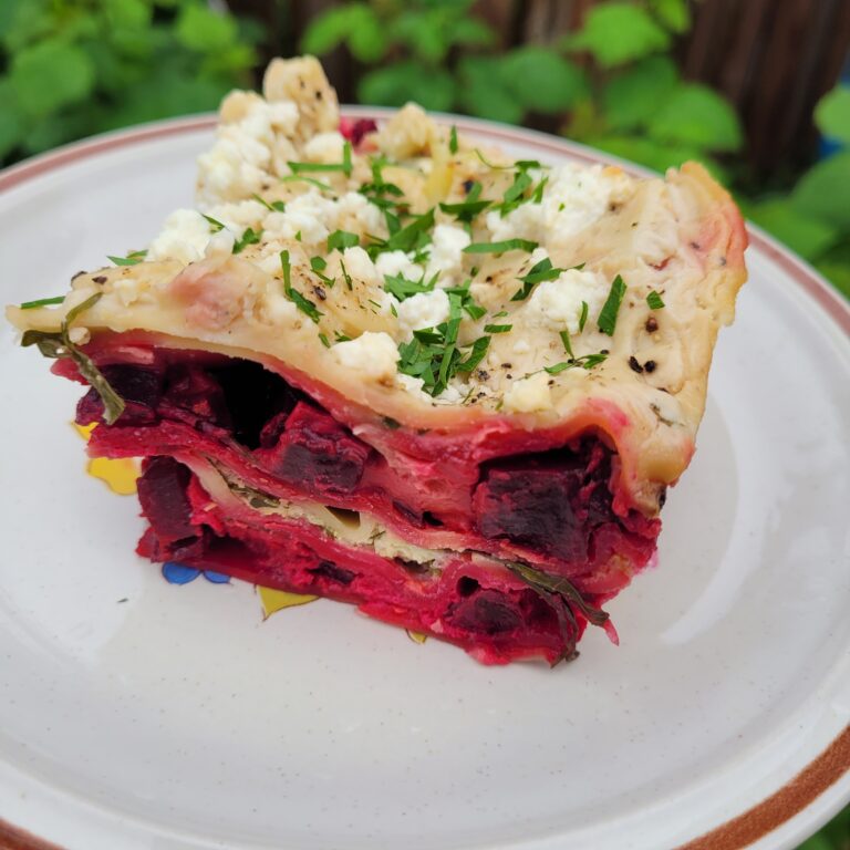beet lasagna on a white and red plate