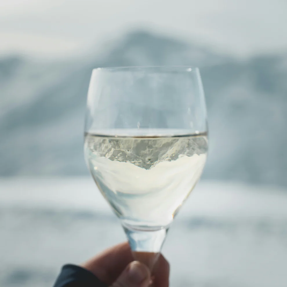 Wine glass in a snowy landscape