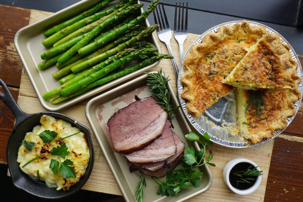 Easter spread - including quiche, ham, mashed potatoes, and roasted asparagus