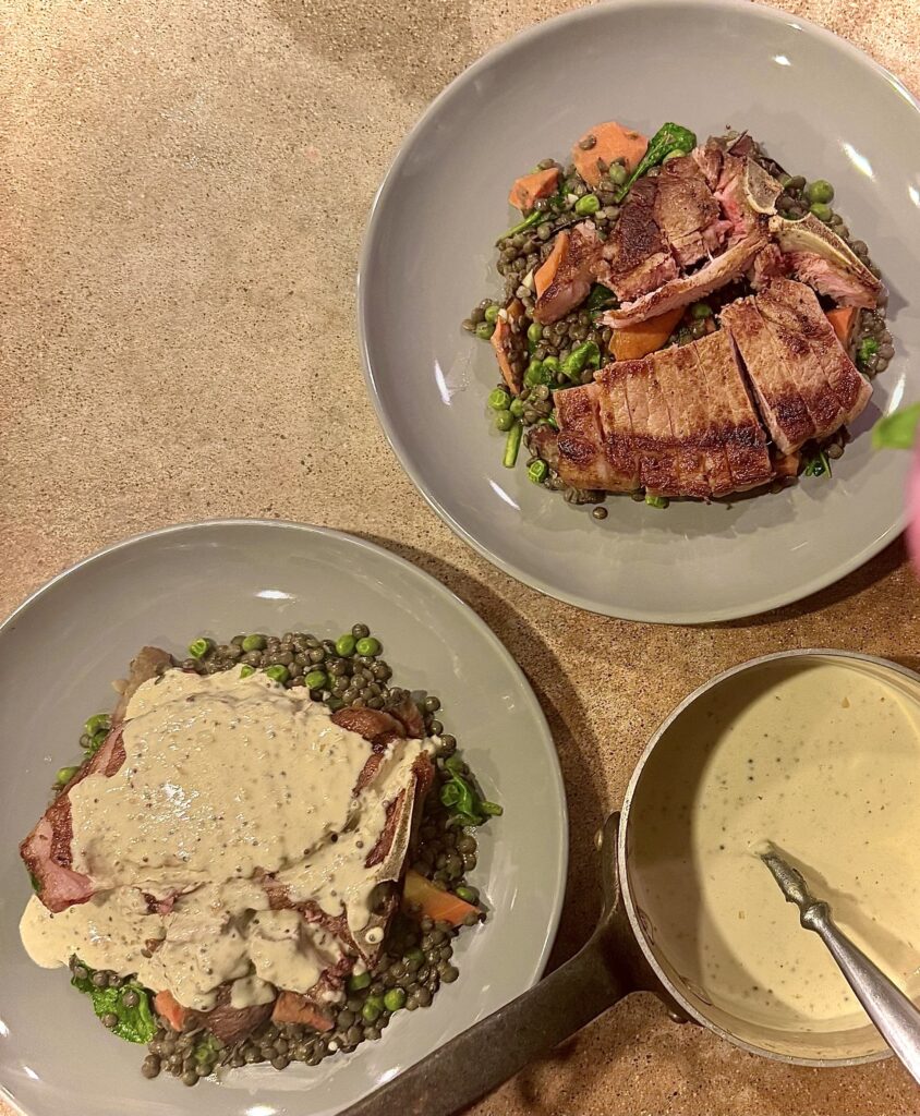 Pork T-Bone on Lentils with Peas, Carrots, and a Mustard Cream Sauce (Moutarde)