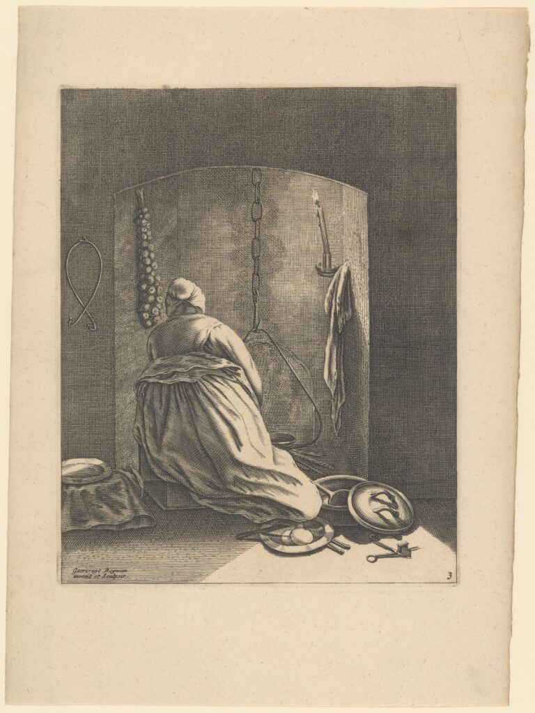 Black and white drawing of a milkmaid from behind, standing in front of a large tank of milk