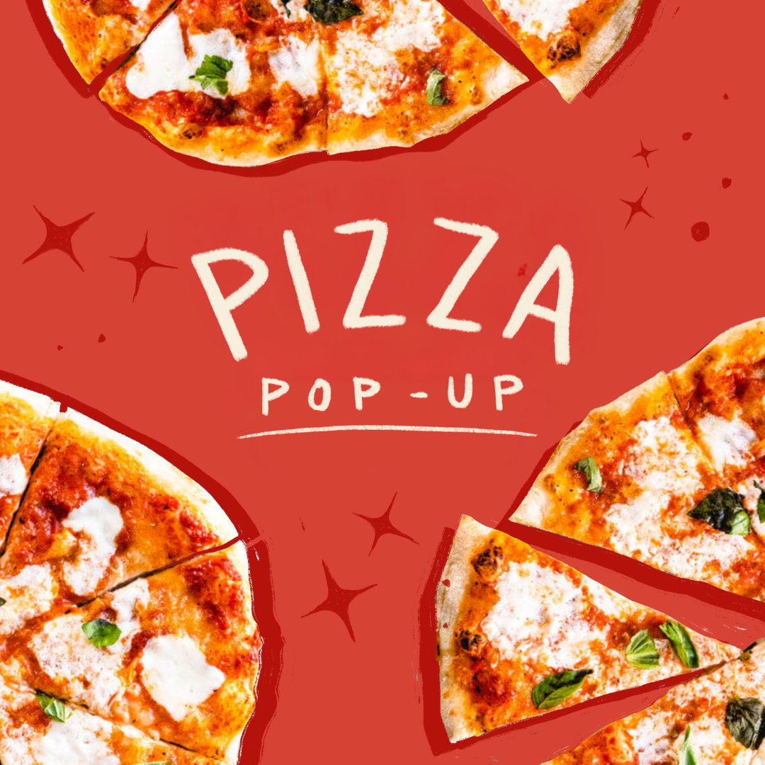 Red background with text: pizza pop-up and three pizzas around the edge of the graphic