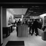 black and white view of the event space lounge during a wedding