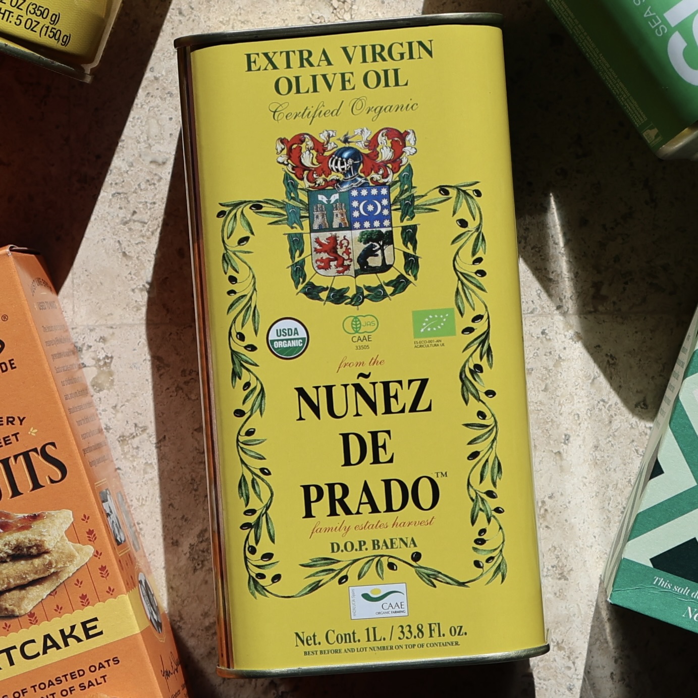 Yellow tin of Nunez de Prado Olive Oil