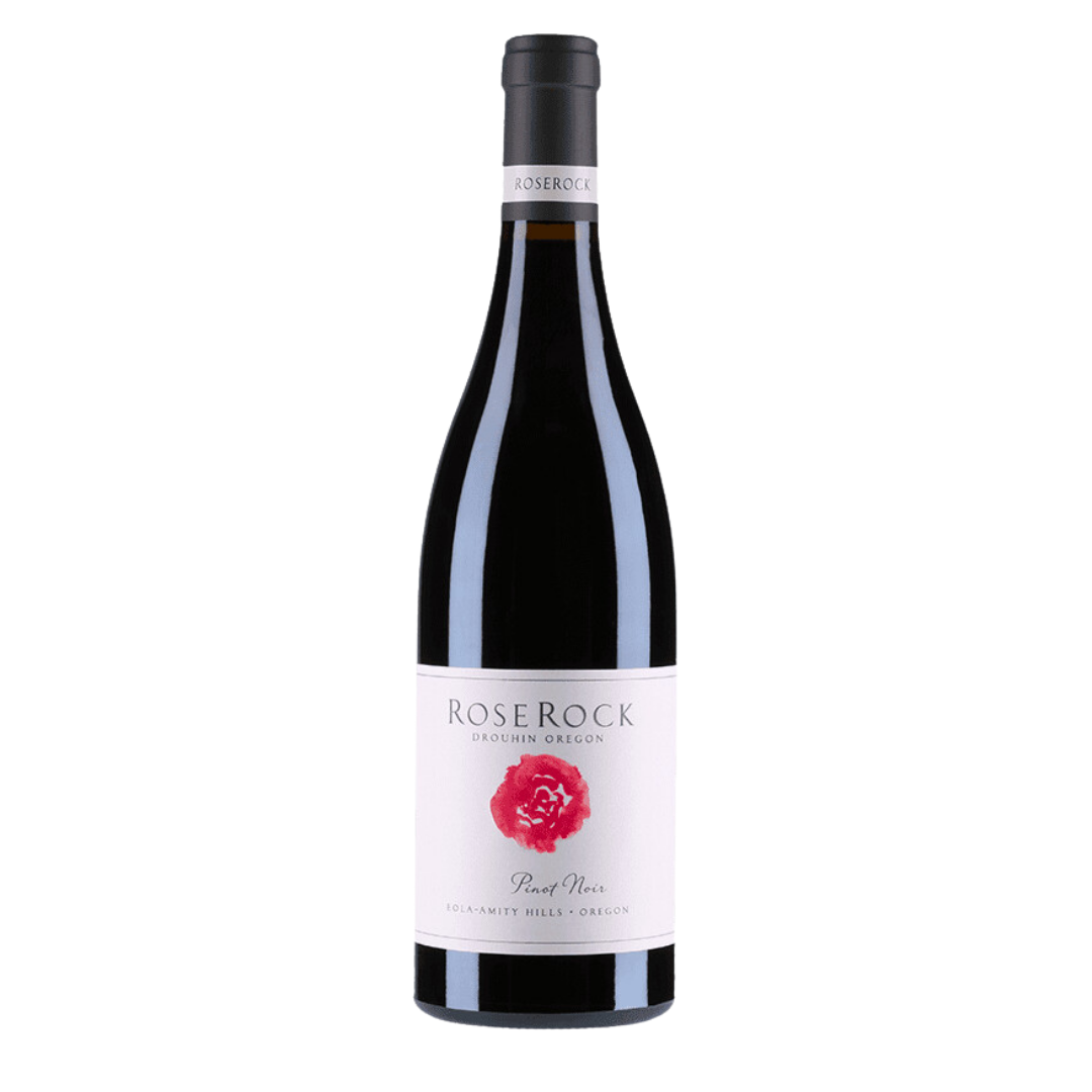 Dark bottle of wine with a white "Roserock" label picturing a rose