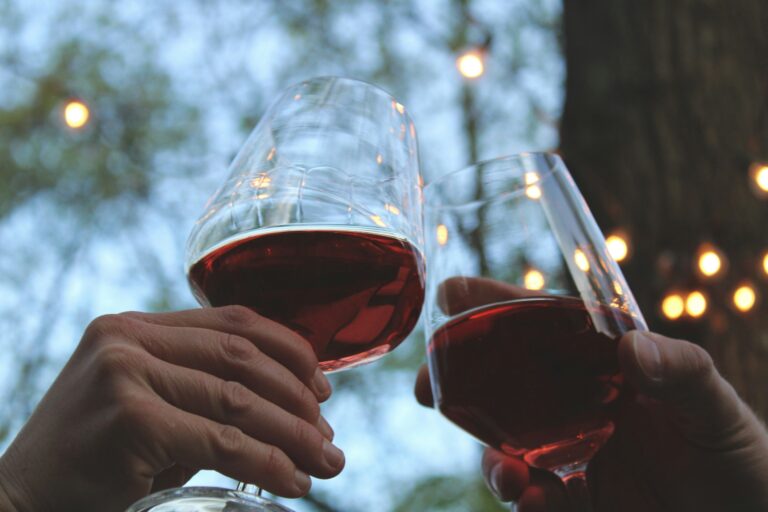 Two hands clinking red wine glasses in a yard