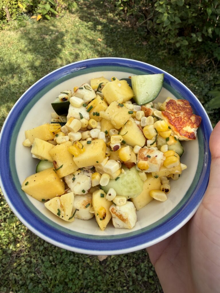 Halloumi salad in a blue and white bowl